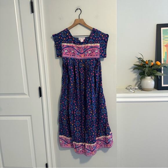 Vintage Blue Pink Cotton Block Printed House Maxi Dress Muumuu Small - Picture 10 of 12